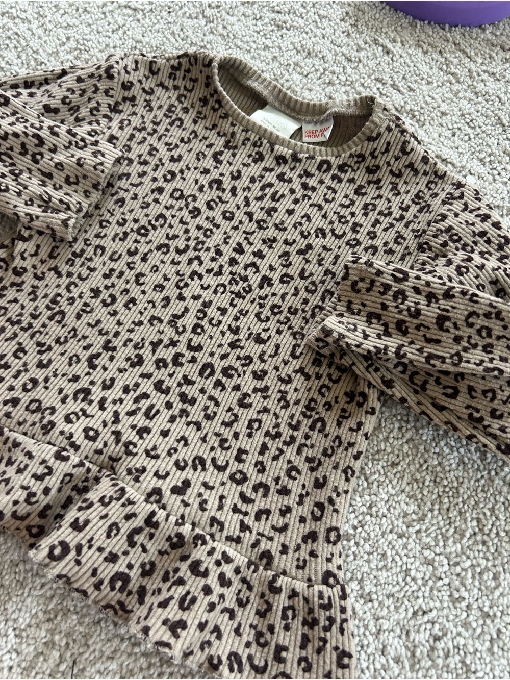 Zara Leopard Ribbed Ruffle Hem Kids Top - Taupe - Picture 2 of 3